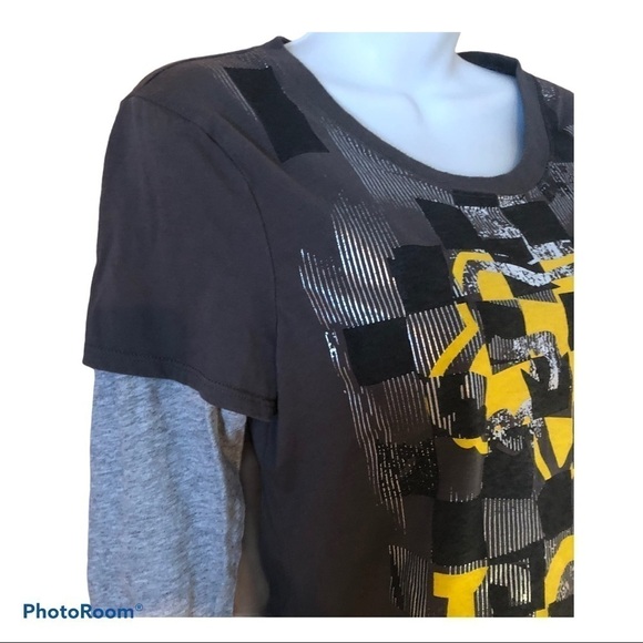 VTG FOX LS Graphic Logo Tee Gray/Gold Scoop Neck M Casual Layered Look - Picture 3 of 5